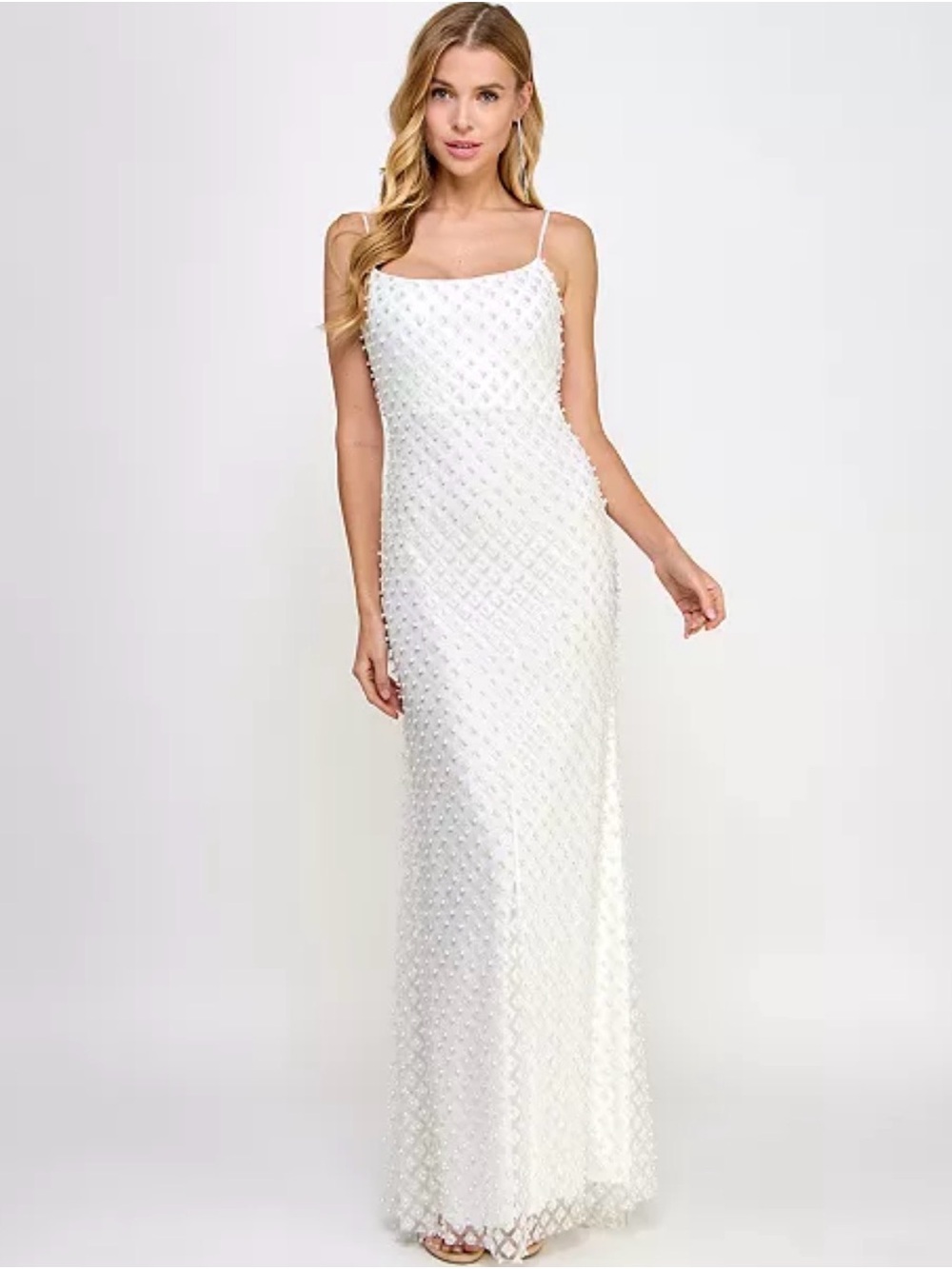 B Darlin White Beaded Spaghetti-Strap Prom Gown